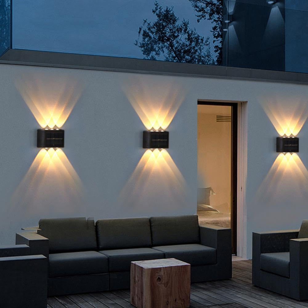 2 PIECES/SET Solar Wall Lights – 6 LED Up and Down Solar-Powered Wall Lamp – IP65 Waterproof Exterior Sconce – Decorative Fence & Porch Light for Patio, Yard, Garage, & Deck (Warm White / 1 PC)
