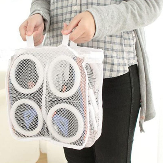 Lazy Shoe Washing & Airing Bag – Protective Mesh Laundry Organizer for Sneakers, Underwear, and Bras (White/Blue/Pink)