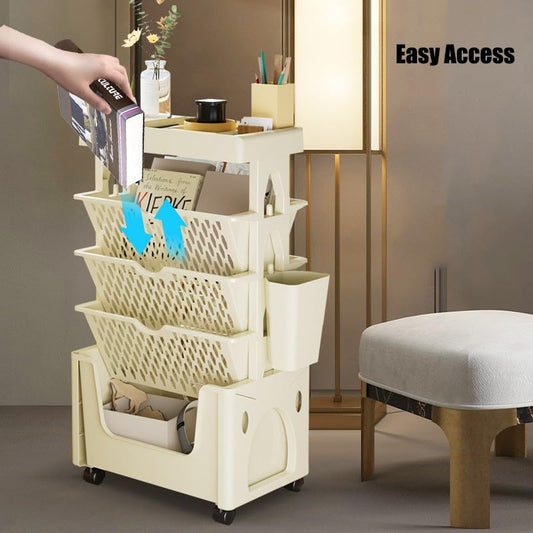 5-Tier Movable Book Shelf on Wheels – 360 degrees Rotatable Storage Bookcase – Creative DIY Book Display Stand for Home & Office (White/Khaki)