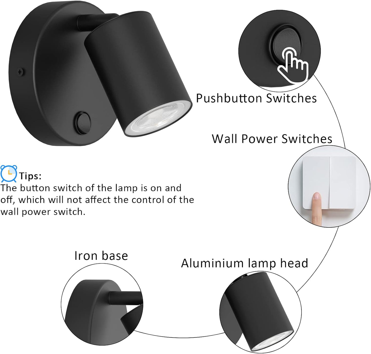 Klighten Pack of 2 GU10 Indoor Wall Spotlights – Adjustable 350° Black Aluminium Wall Lights with Switch for Living Room, Bedroom & Kitchen (Bulbs Not Included)