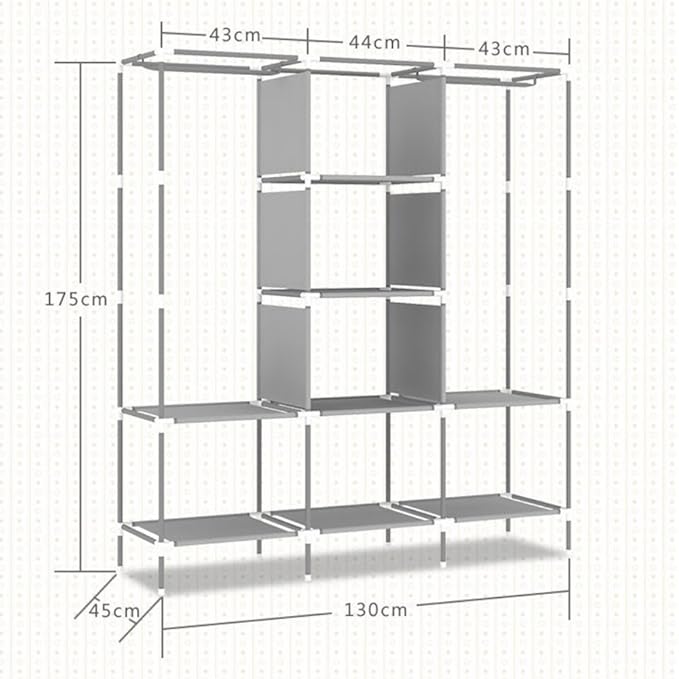 Portable Closet Wardrobe – Large Clothes Storage Organizer with 6 Shelves and 2 Hanging Sections – Modern Fabric Wardrobe with 4 Side Pockets and Sliding Door Design (Grey/Black)