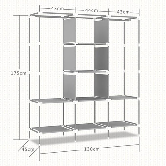 Portable Closet Wardrobe – Large Clothes Storage Organizer with 6 Shelves and 2 Hanging Sections – Modern Fabric Wardrobe with 4 Side Pockets and Sliding Door Design (Grey/Black)