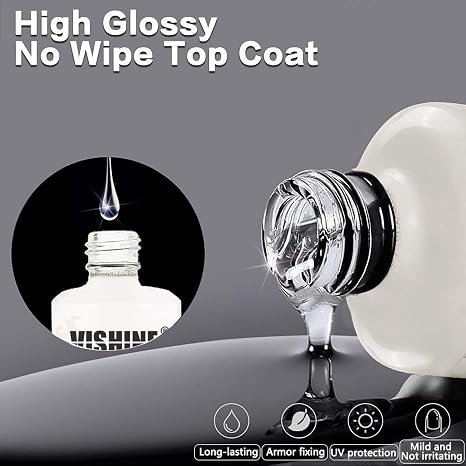 Vishine Gel Nail Base Coat & No Wipe Top Coat Set 2-Pack – 15ml UV/LED Soak-Off Gel Polish