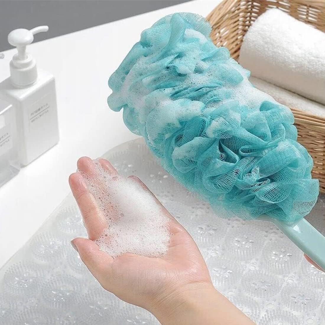 Long-Handle Mesh Back Scrubber – Soft Hanging Shower Sponge Brush – Ergonomic Body Scrubber for Adults – Deep Cleaning Bath Accessory (Green/Pink/White)