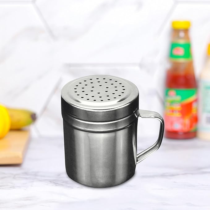 Saupoudreuse en poudre d'acier inoxydable avec poignée – Bouteille d'assaisonnement de barbecue en maille fine avec corps en verre et cuillère