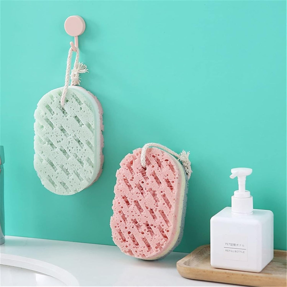 Éponge de bain et fleur de douche – Éponge corporelle à forte absorption d'eau – Maille de douche à séchage rapide pour un nettoyage en profondeur pour hommes et femmes (vert/rose/gris)