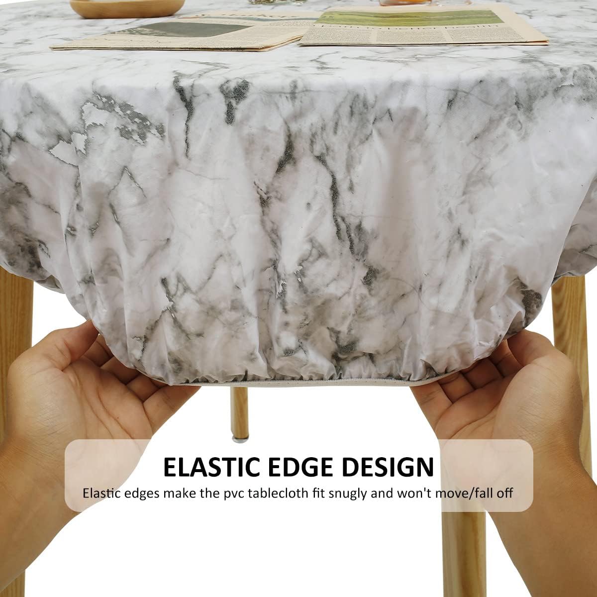 Round Waterproof PVC Tablecloth with Elastic Edges – Oil-Proof & Spill-Proof Protective Cover – Fitted Table Overlay for Weddings, Kitchens, and Outdoor Parties