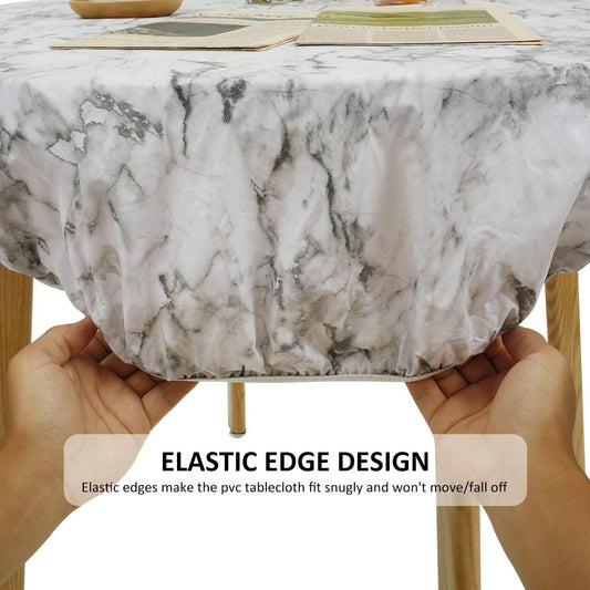 Round Waterproof PVC Tablecloth with Elastic Edges – Oil-Proof & Spill-Proof Protective Cover – Fitted Table Overlay for Weddings, Kitchens, and Outdoor Parties