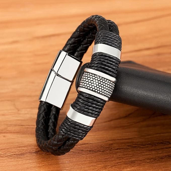 Retro Men's Magnetic Buckle Bracelet PU Alloy Woven Leather Bracelet