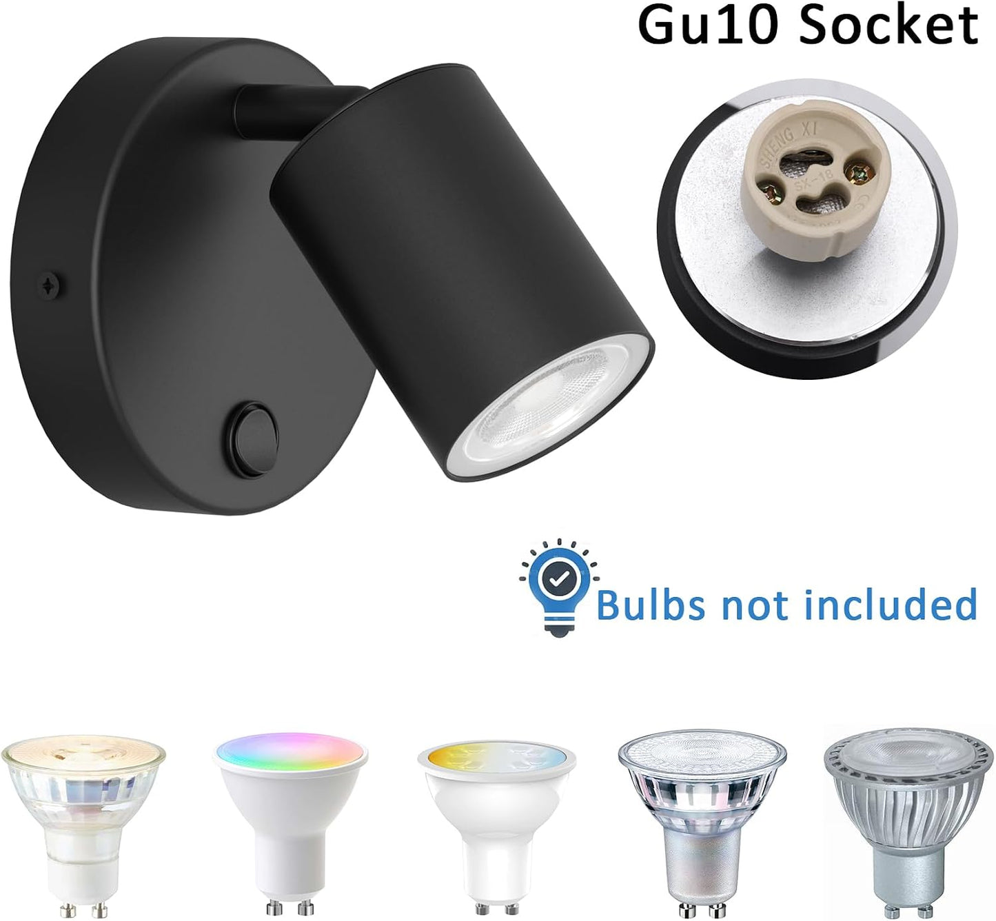 Klighten Pack of 2 GU10 Indoor Wall Spotlights – Adjustable 350° Black Aluminium Wall Lights with Switch for Living Room, Bedroom & Kitchen (Bulbs Not Included)