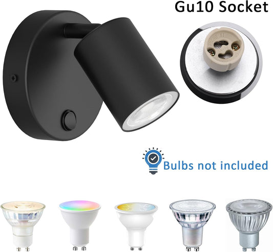 Klighten Pack of 2 GU10 Indoor Wall Spotlights – Adjustable 350° Black Aluminium Wall Lights with Switch for Living Room, Bedroom & Kitchen (Bulbs Not Included)