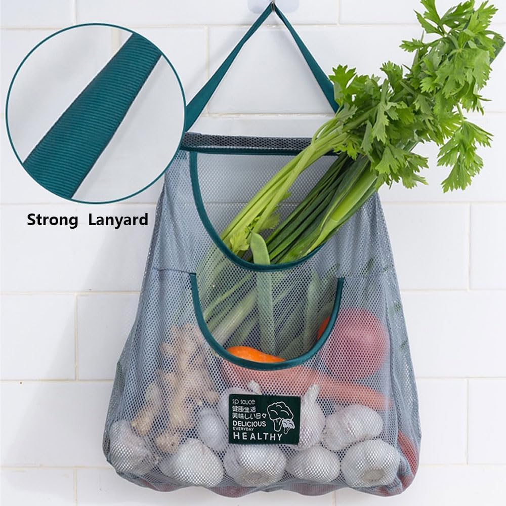 Sacs de rangement suspendus réutilisables en maille – Sacs de cuisine respirants en filet pour fruits et légumes – Organisateur mural pour ail, oignons, gingembre et pommes de terre