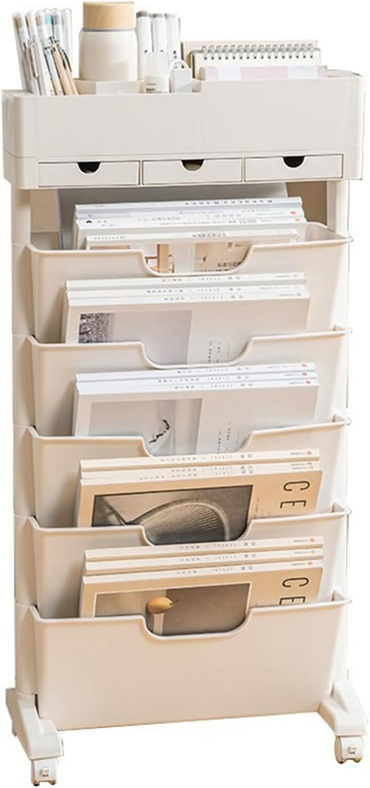 Mobile Book Storage Rack with Wheels – Large Capacity Multi-Layer Bookshelf – Table-Side Magazine Organizer for Living Room & Study Room