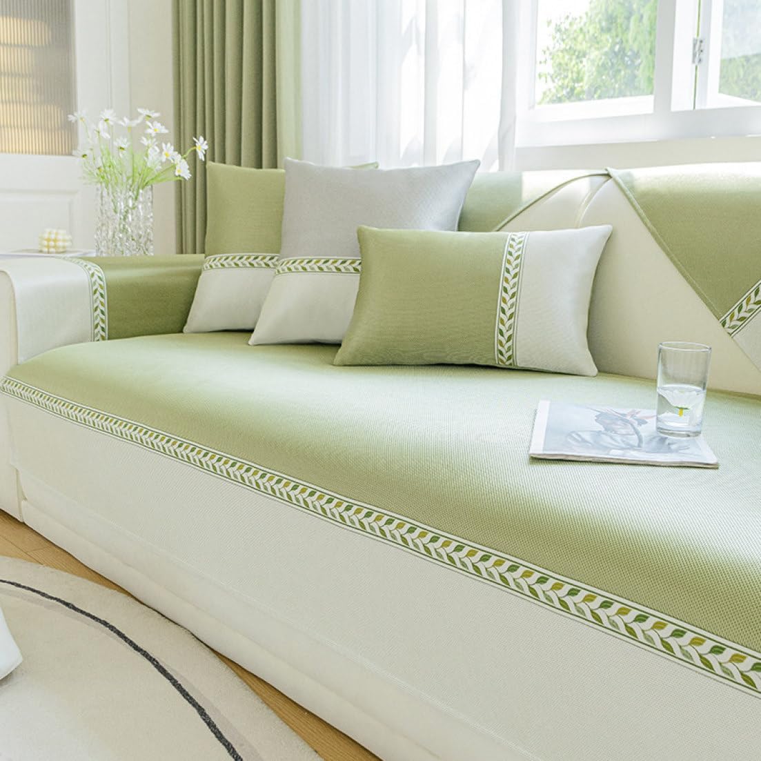 Textured Woven Sofa Cover with Decorative Leaf Border