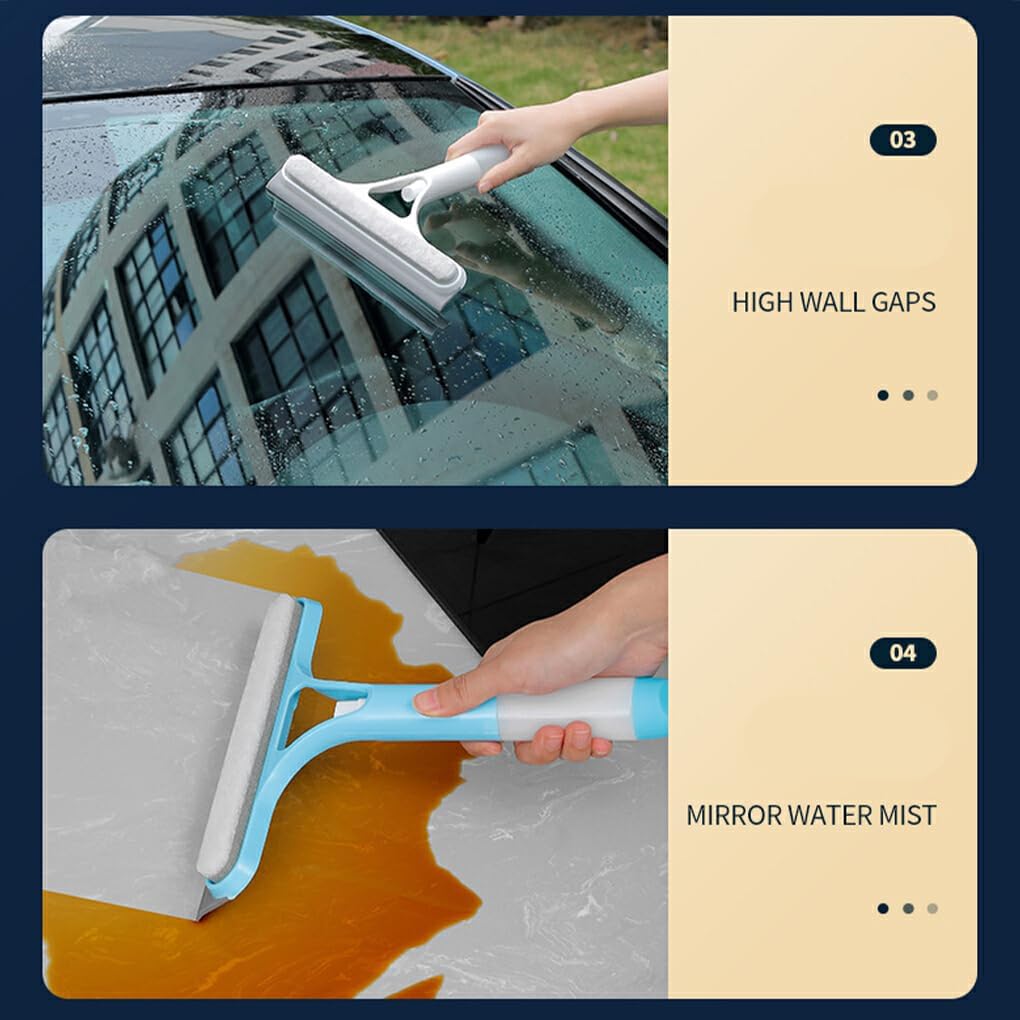 Nettoyant pour vitres multifonction 3-en-1 – Vaporisateur intégré et raclette intégrée – Raclette à vitres tout usage pour la maison, la salle de bain et la voiture (Blanc/Bleu/Jaune)