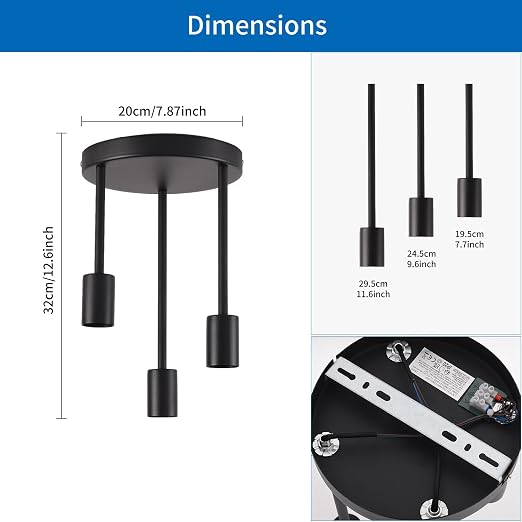 3-Light Ceiling Pendant Fixture – E27 Hanging Chandelier for Kitchen, Bedroom & Living Room