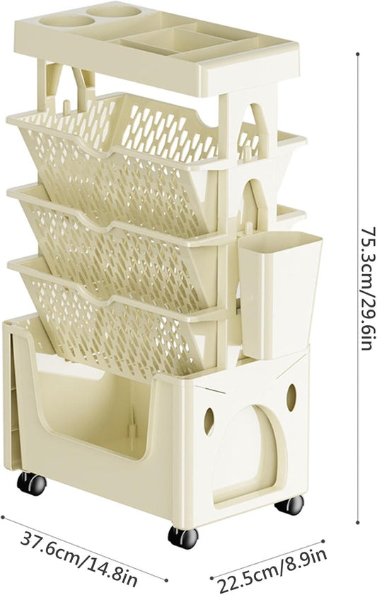 5-Tier Movable Book Shelf on Wheels – 360 degrees Rotatable Storage Bookcase – Creative DIY Book Display Stand for Home & Office (White/Khaki)