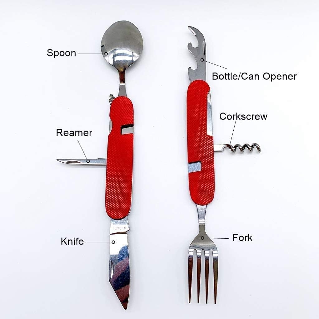 Ensemble de couverts de camping pliable 4-en-1 – Cuillère, fourchette, couteau et ouvre-bouteille de poche en acier inoxydable – Kit utilitaire portable pour l'extérieur (noir/bleu/rouge/vert)