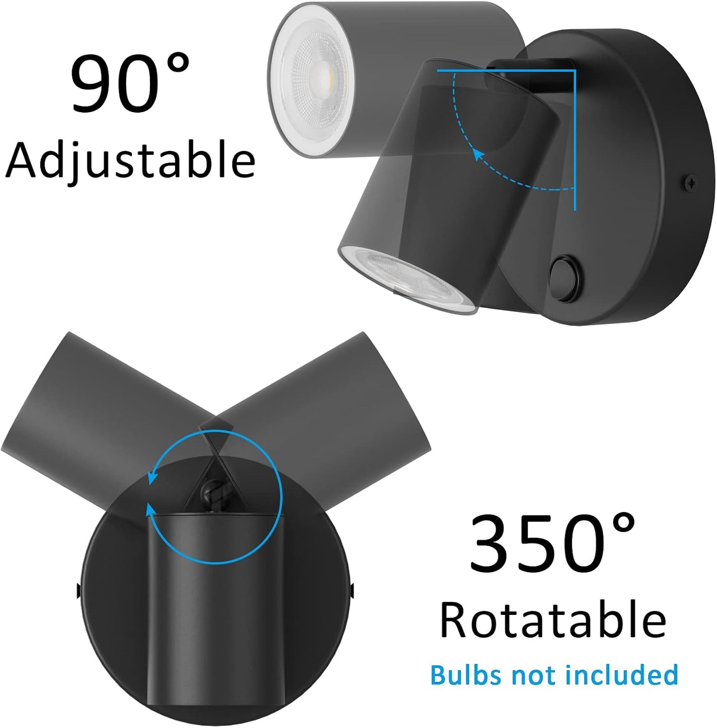 Klighten Pack of 2 GU10 Indoor Wall Spotlights – Adjustable 350° Black Aluminium Wall Lights with Switch for Living Room, Bedroom & Kitchen (Bulbs Not Included)
