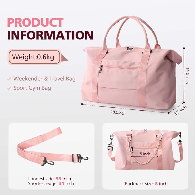 Women’s Travel Duffel Bag – Weekender Gym & Overnight Bag with Wet Pocket and Trolley Sleeve