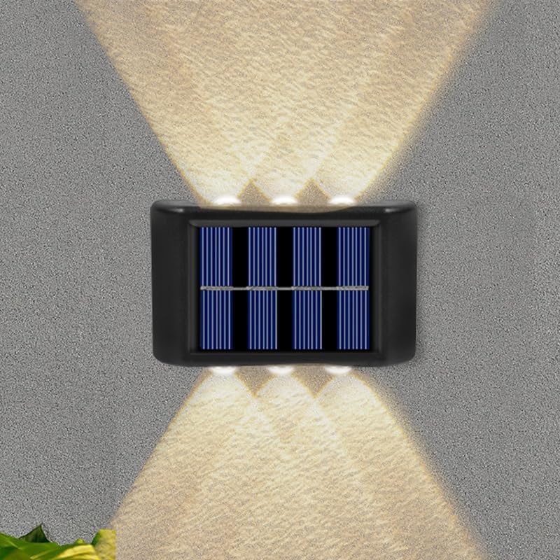 2 PIECES/SET Solar Wall Lights – 6 LED Up and Down Solar-Powered Wall Lamp – IP65 Waterproof Exterior Sconce – Decorative Fence & Porch Light for Patio, Yard, Garage, & Deck (Warm White / 1 PC)