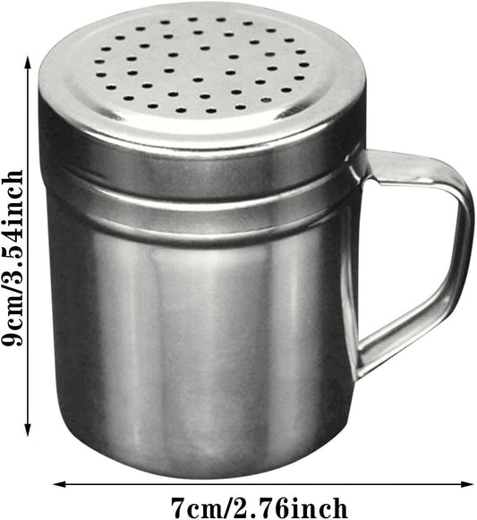 Stainless Steel Powder Shaker with Handle – Fine Mesh Sieve BBQ Seasoning Bottle with Glass Body & Spoon