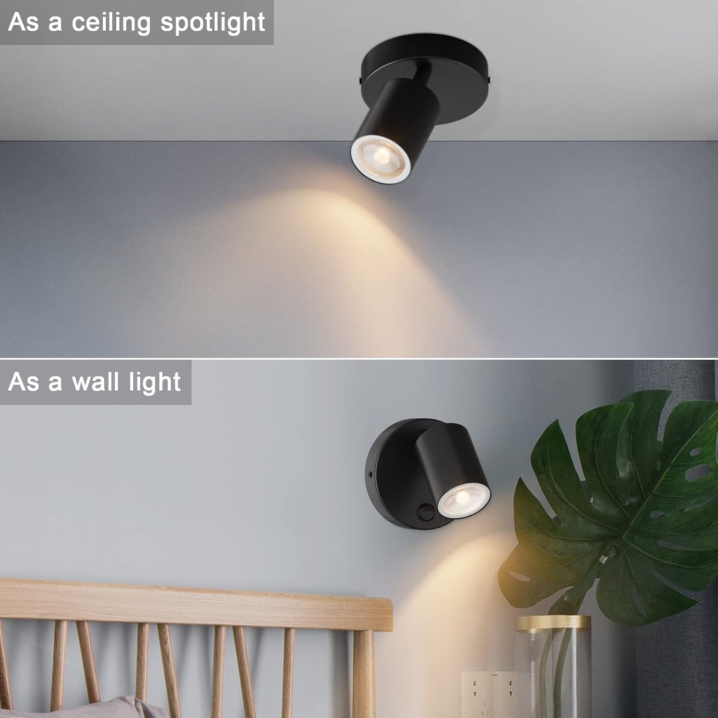 Klighten Pack of 2 GU10 Indoor Wall Spotlights – Adjustable 350° Black Aluminium Wall Lights with Switch for Living Room, Bedroom & Kitchen (Bulbs Not Included)