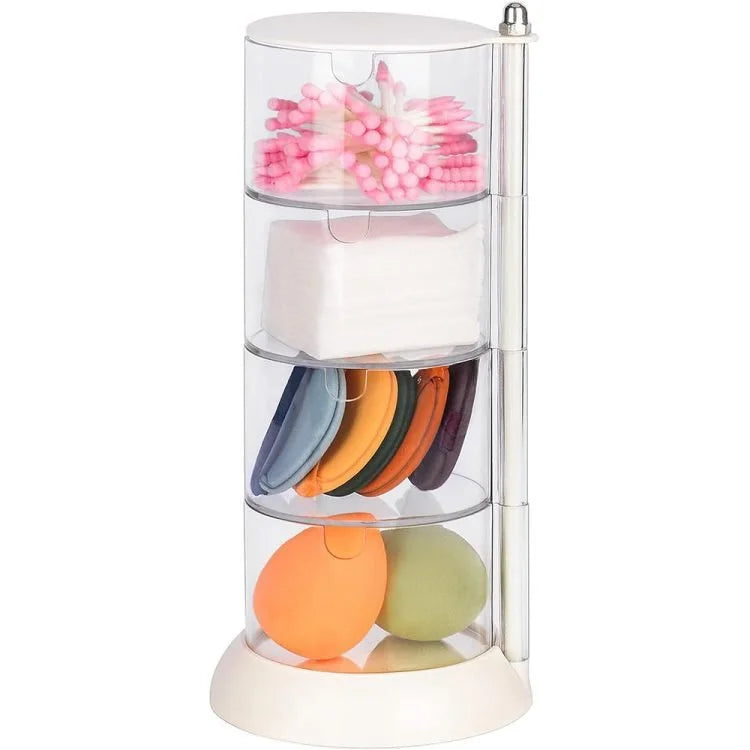 360° Rotating Acrylic Makeup & Jewelry Organizer – 4-Tier Cosmetic Storage Tower for Cotton Pads, Swabs, Beauty Accessories & Small Items