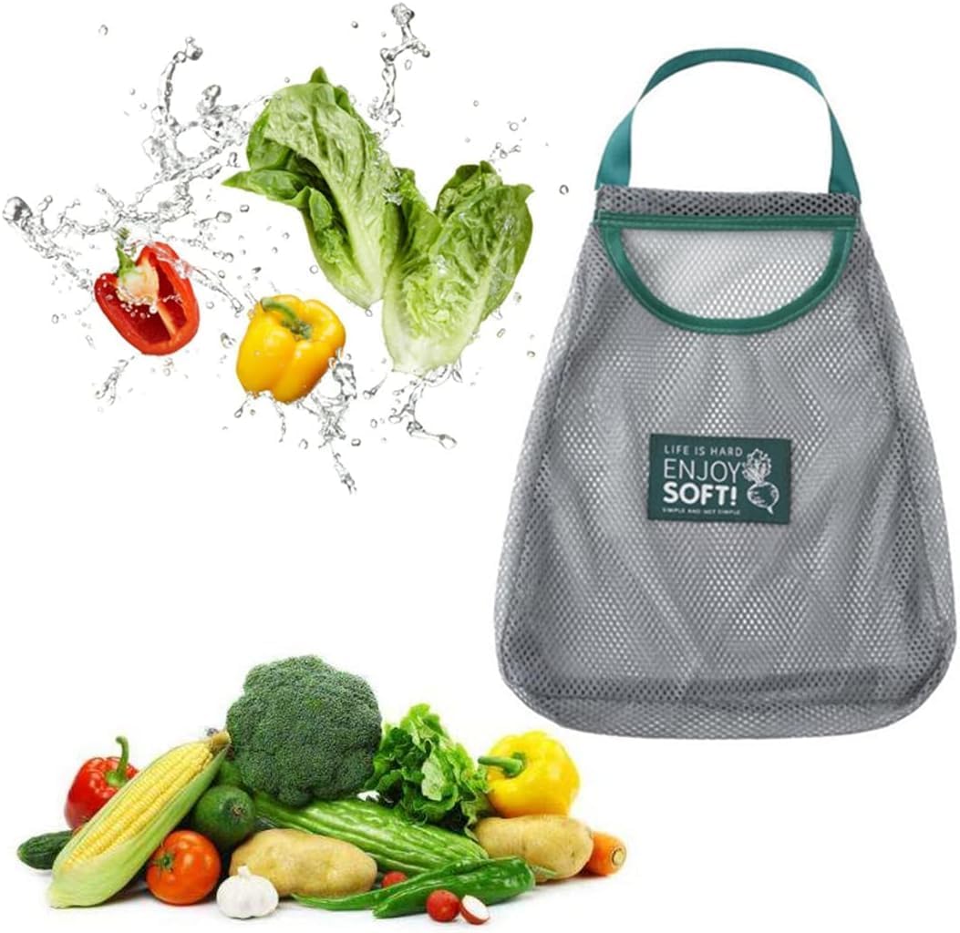 Reusable Mesh Hanging Storage Bags - Breathable Kitchen Net Bag for Fruit and Vegetables - Wall-Mounted Organizer for Garlic, Onions, Ginger, and Potatoes