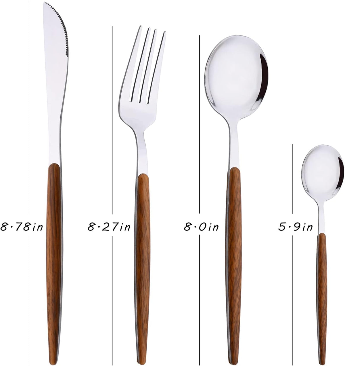 Stainless Steel Cutlery Set – Vintage Imitation Wood Handle – Professional Western Tableware Kit with Steak Knife, Fork, Spoon, and Teaspoon (Mirror Polished)