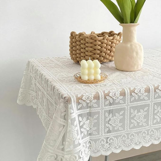 140x180cm Antique Embroidered Lace Tablecloth – Square Floral Cutout Dining Cover – Elegant Solid Color Polyester Lace Overlay for Weddings, Tea Parties, and Home Decor