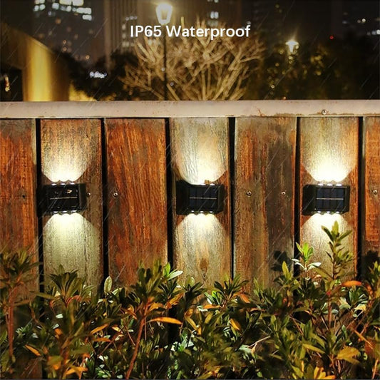 2 PIECES/SET Solar Wall Lights – 6 LED Up and Down Solar-Powered Wall Lamp – IP65 Waterproof Exterior Sconce – Decorative Fence & Porch Light for Patio, Yard, Garage, & Deck (Warm White / 1 PC)