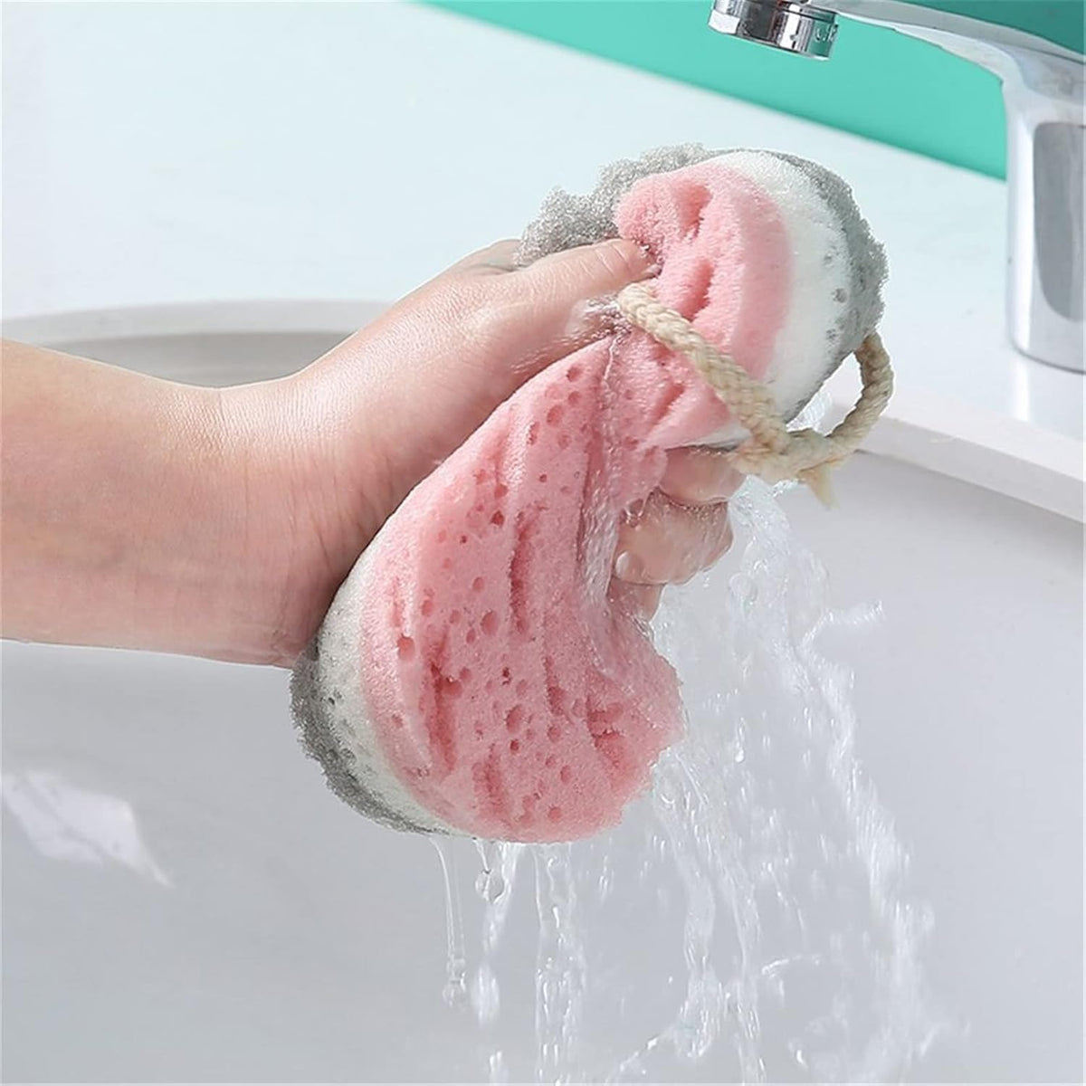 Éponge de bain et fleur de douche – Éponge corporelle à forte absorption d'eau – Maille de douche à séchage rapide pour un nettoyage en profondeur pour hommes et femmes (vert/rose/gris)