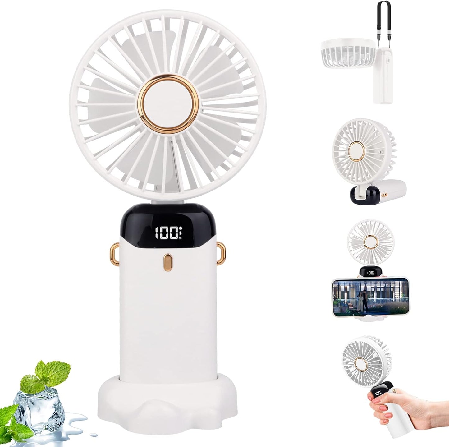 Rechargeable Mini Handheld Fan – Portable USB Cooling Fan with Aromatherapy Tablet, Phone Stand & Digital Display