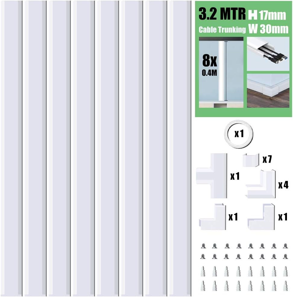 MUDEELA 3.2M Cable Trunking Kit – 8-Piece White Cable Raceway & Cord Concealer for Home and Office