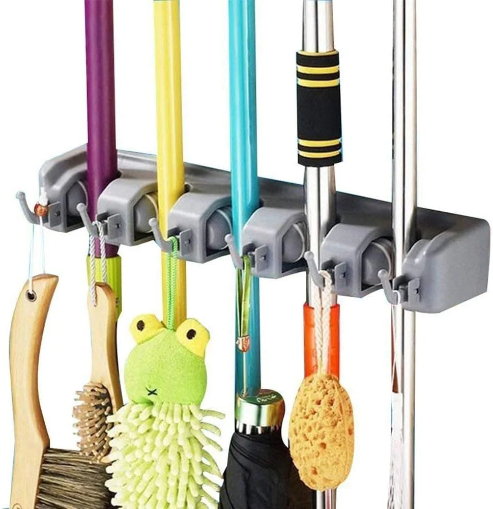 Wall Mounted Mop & Broom Holder – 5 Position Organizer with 6 Hooks, Heavy Duty Tool Storage Rack for Kitchen, Garage, Laundry & Garden