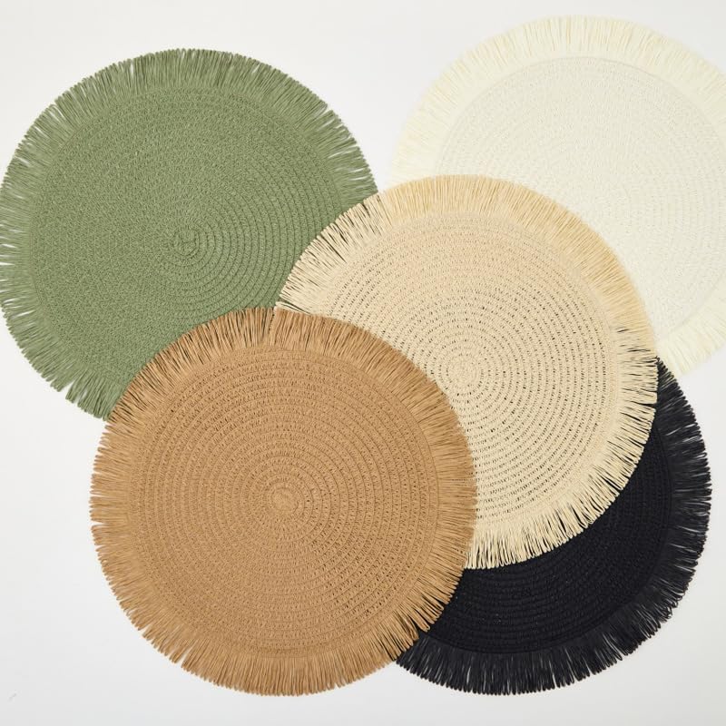 (38 CM) Round Braided Fringe Placemats – Hand-Woven Non-Slip Table Mats & Heat-Insulated Tea Cup Pads for Dining Table Decor