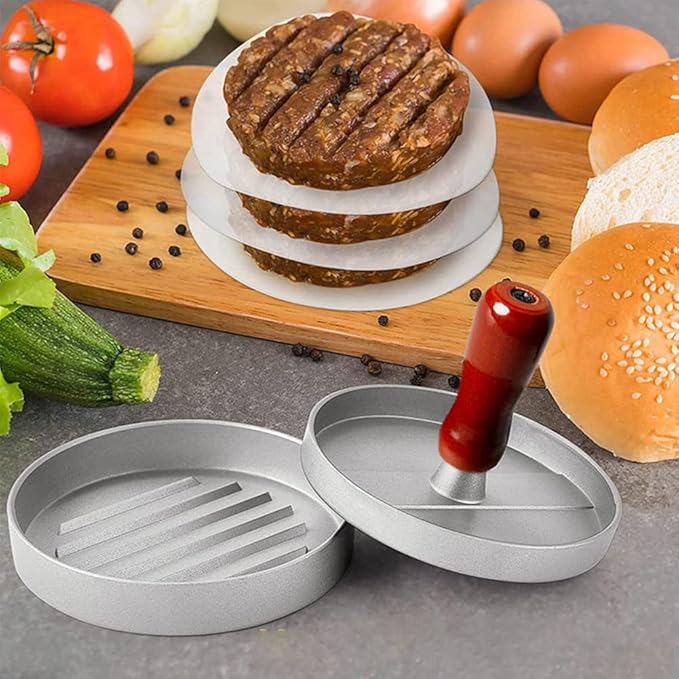 Presse à Burger Antiadhésive en Aluminium – Machine Professionnelle à Galettes de Hamburger avec Papier Sulfurisé – Accessoire de Grill Robuste pour BBQ & Cuisine