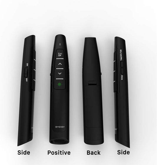BYEASY Wireless Presentation Clicker with Green Laser Pointer | USB Plug & Play PowerPoint Remote for Google Slides, Keynote & Prezi | 30m Range