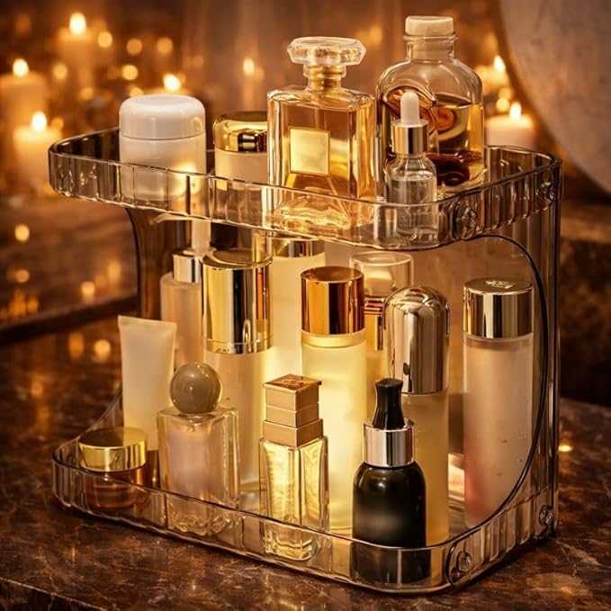 2-Tier Luxury Acrylic Makeup Organizer – Elegant Skincare & Cosmetic Storage Rack – Stackable Vanity Countertop Display (Transparent/Brown)