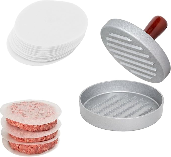 Presse à Burger Antiadhésive en Aluminium – Machine Professionnelle à Galettes de Hamburger avec Papier Sulfurisé – Accessoire de Grill Robuste pour BBQ & Cuisine