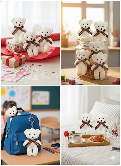 Mini White Teddy Bear with Love Ribbon – Cute Soft Toy for Gifts & Decoration
