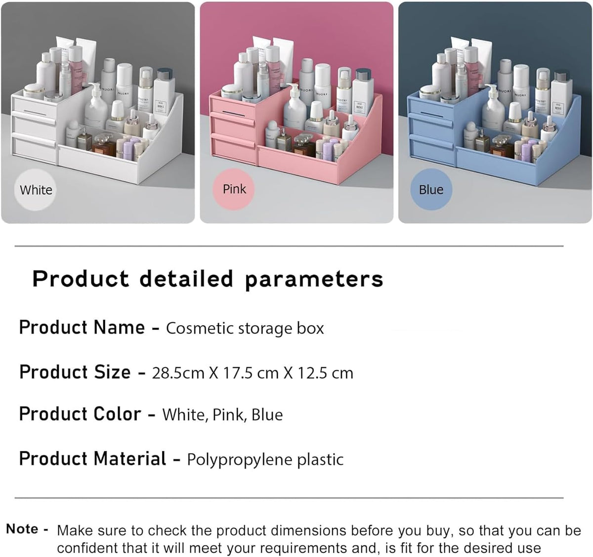 Boîte de rangement en plastique pour maquillage – Organiseur de bureau pour cosmétiques et soins de la peau – Étagère de finition pour papeterie et bijoux pour coiffeuse de dortoir (blanc/rose/bleu)