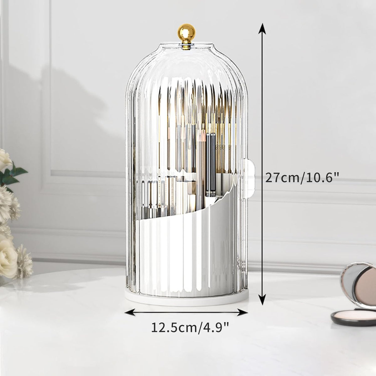 360° Rotating Makeup Brush Organizer with Dust-Proof Cover – Luxury Cosmetic Storage Box for Lipsticks, Eyebrow Pencils, and Eyeliner – Clear Waterproof Vanity Display Case – Multi-Functional Desktop Station