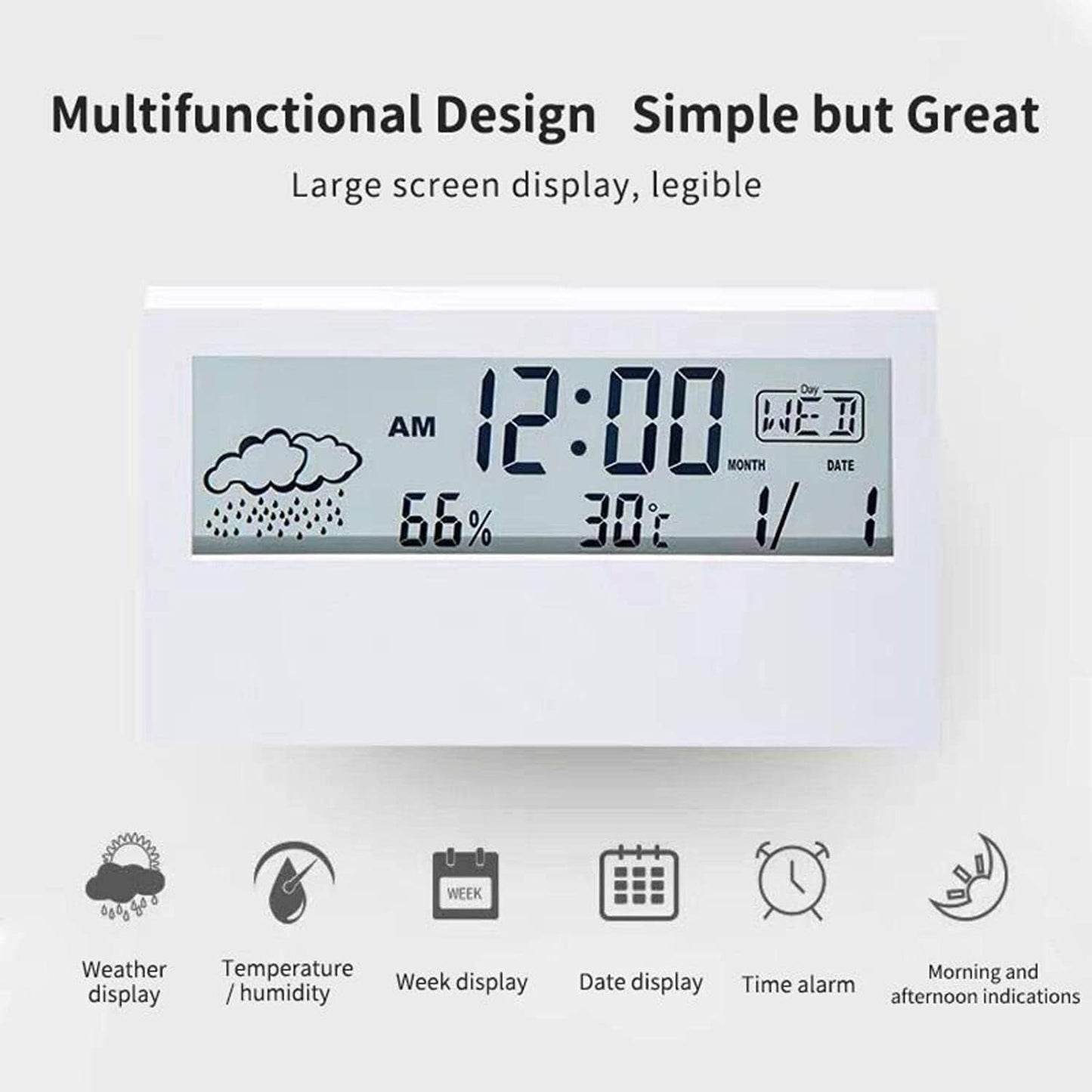 LED Digital Thermo-Hygrometer – Multifunction Temperature & Humidity Meter – Electronic Weather Station with Alarm Clock for Home & Office