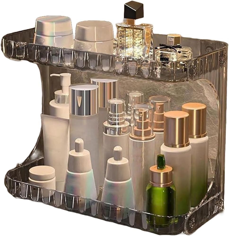 2-Tier Luxury Acrylic Makeup Organizer – Elegant Skincare & Cosmetic Storage Rack – Stackable Vanity Countertop Display (Transparent/Brown)