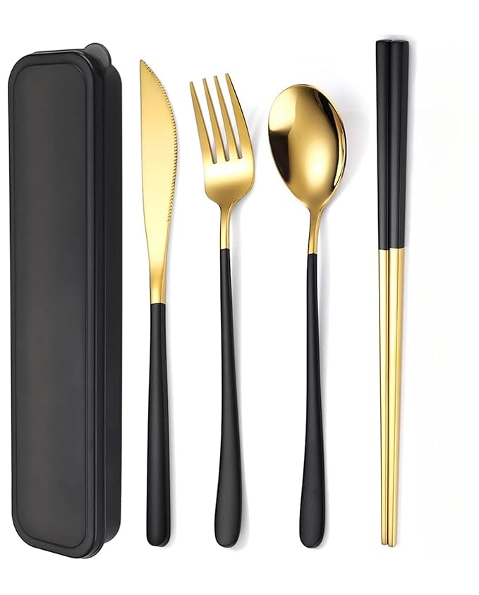 4-Piece Portable Travel Cutlery Set with Case – Stainless Steel Knife, Fork, Spoon, and Chopsticks – Reusable Outdoor Camping & Office Lunchware Kit