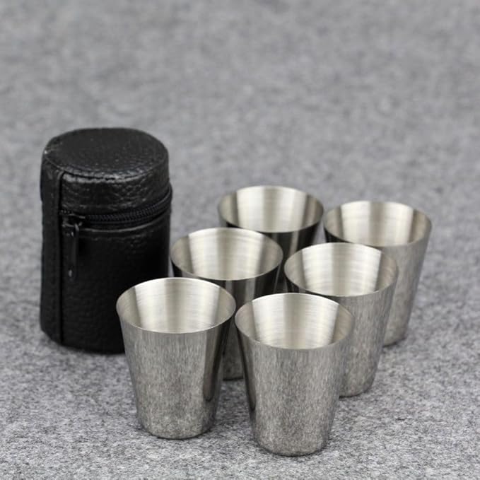 6-Piece Stainless Steel Mini Travel Cup Set – Portable Whiskey & Wine Glasses with Leather Storage Case – Compact Outdoor Drinkware for Camping, Hiking, and Picnics