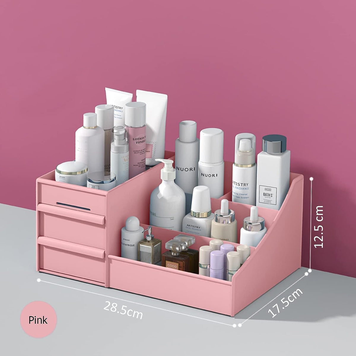 Boîte de rangement en plastique pour maquillage – Organiseur de bureau pour cosmétiques et soins de la peau – Étagère de finition pour papeterie et bijoux pour coiffeuse de dortoir (blanc/rose/bleu)