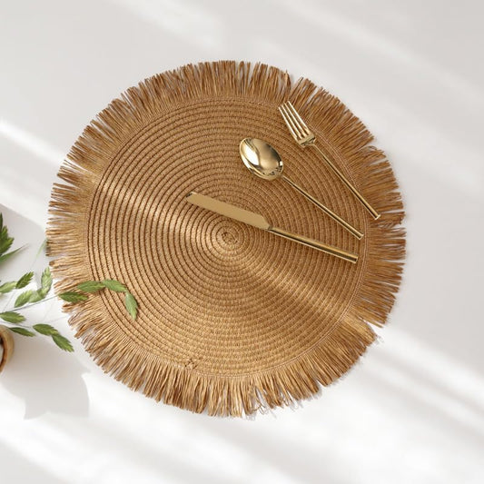 (38 CM) Round Braided Fringe Placemats – Hand-Woven Non-Slip Table Mats & Heat-Insulated Tea Cup Pads for Dining Table Decor